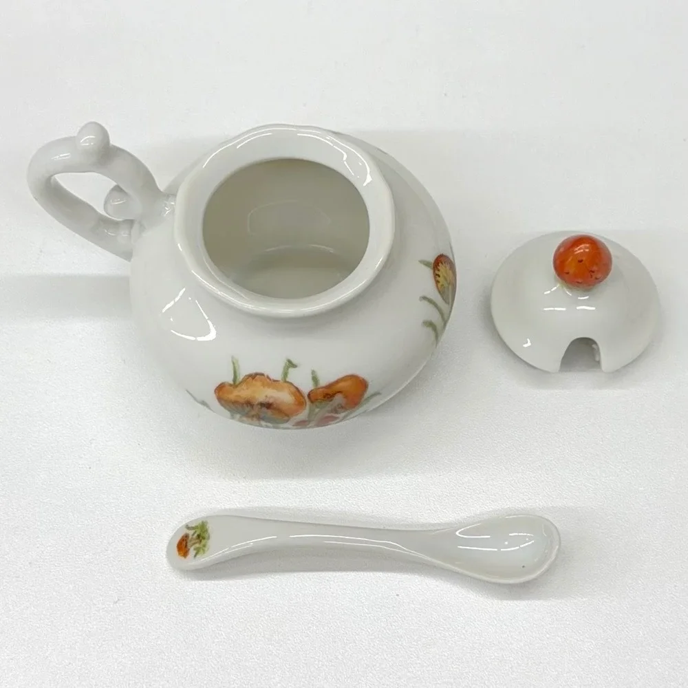 L Lancaster Hand Painted Mushroom Porcelain Jam Pot with Lid and‎ Spoon Vintage